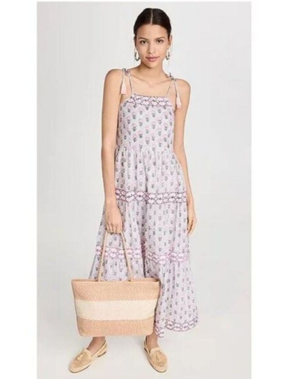 Marea Maxi sundress Womens Small Grey Pink Floral Tie Strap Cotton Smock boho